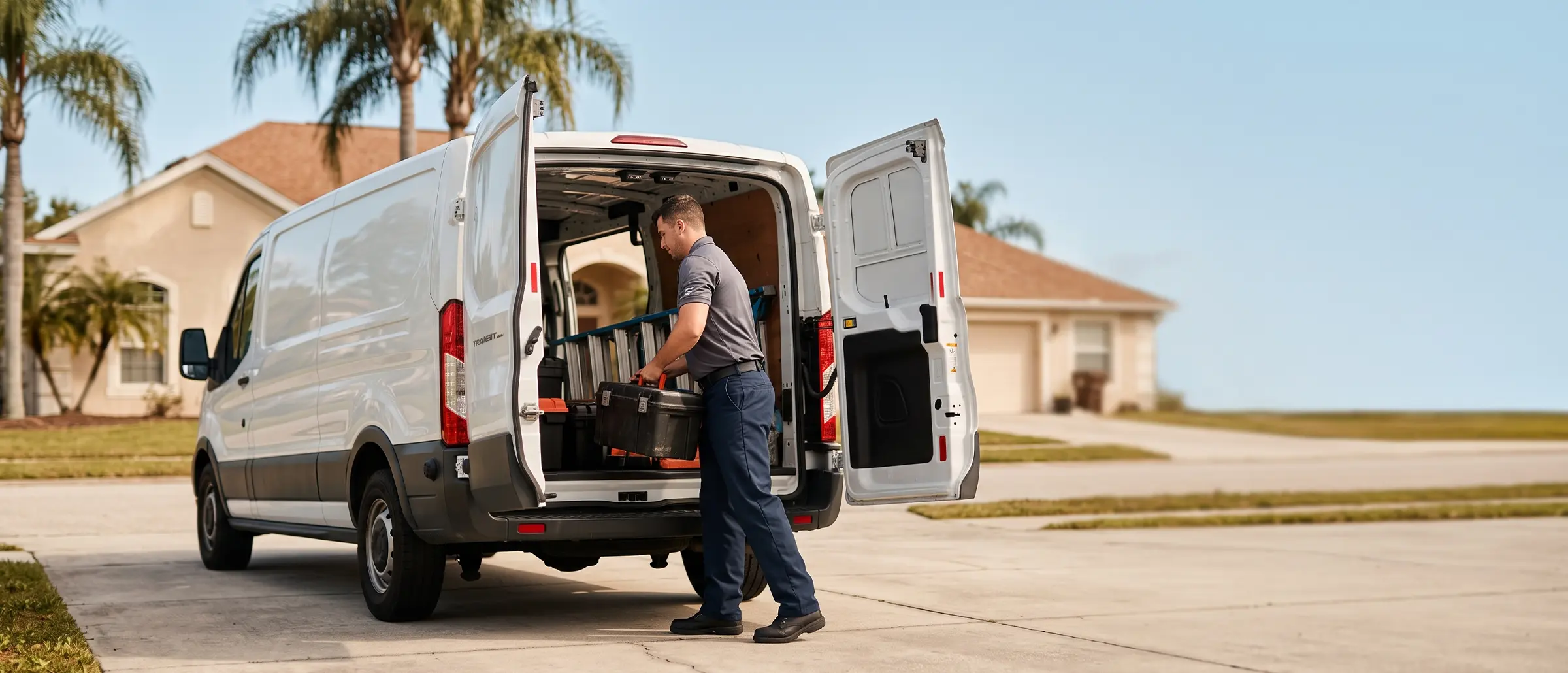 A Central Florida service-area business technician loading a van before a job in Orlando